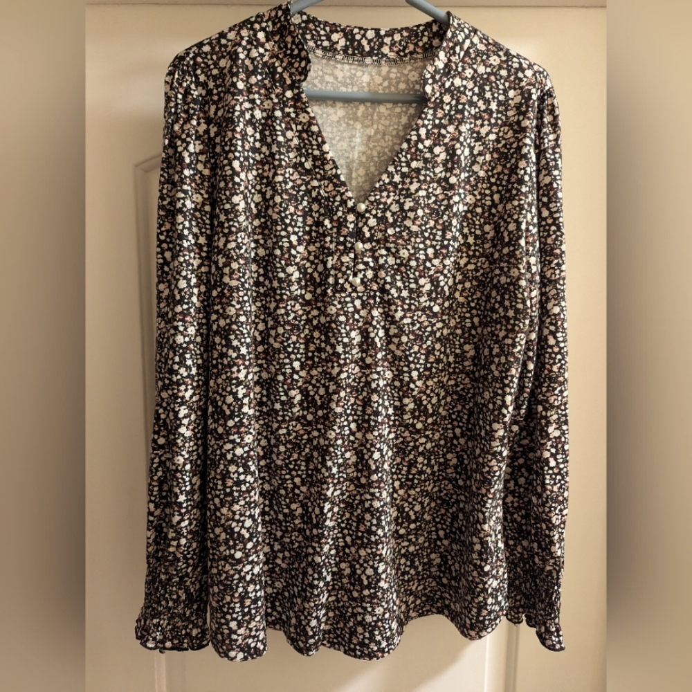 Rapbin Womens V Neck Puff Long Sleeve Button Down Tunic. XXL, black/floral